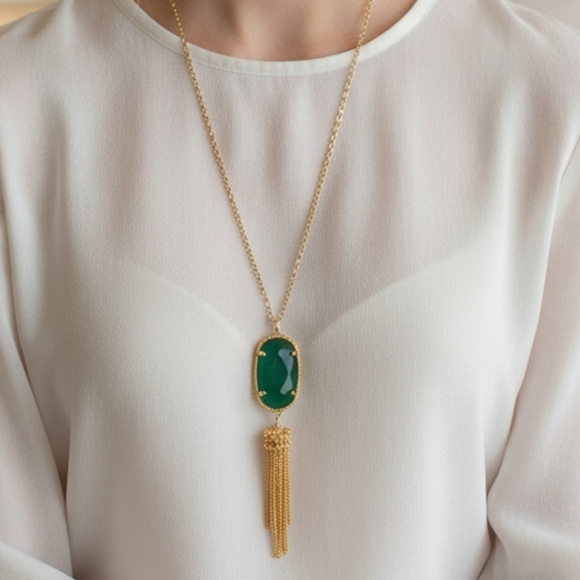 Kendra Scott Rayne Necklace in Green Malachite Illusion 32" Length EUC - Picture 10 of 10